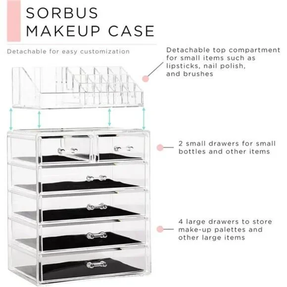 Clear acrylic makeup organizer with drawers vanity storage case for jewelry